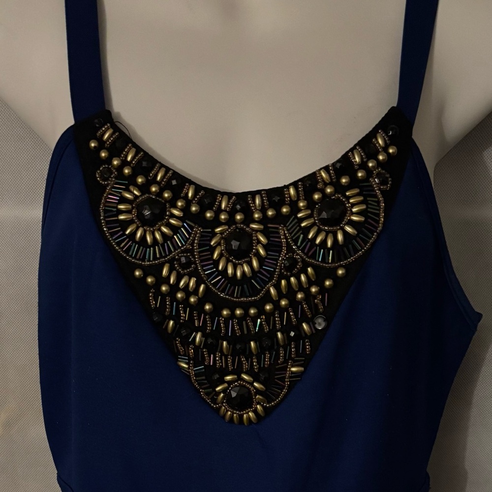 Women's Embellished Navy Tank Top with Beaded Bib